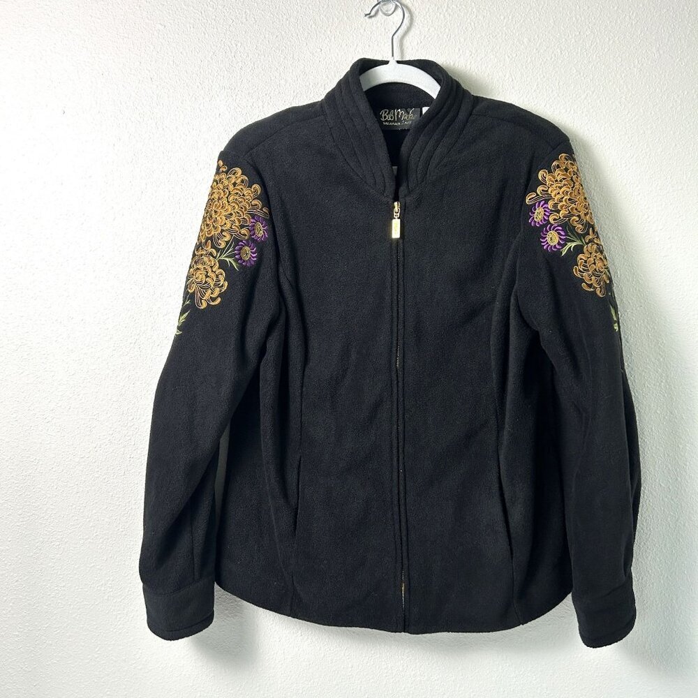 Bob Mackie Fleece Jacket Size M Black Chrysanthemum Embroidered Zip A209470